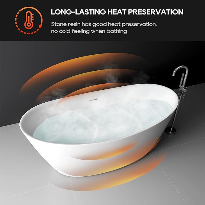 SJ STAR&JANE 65" Solid Surface Freestanding Bathtub Stone Resin Tub Oval Double Slippers Stand Alone Soaking Tub with Pop-up Drain and Overflow, Matte White
