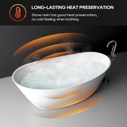 SJ STAR&JANE 65" Solid Surface Freestanding Bathtub Stone Resin Tub Oval Double Slippers Stand Alone Soaking Tub with Pop-up Drain and Overflow, Matte White