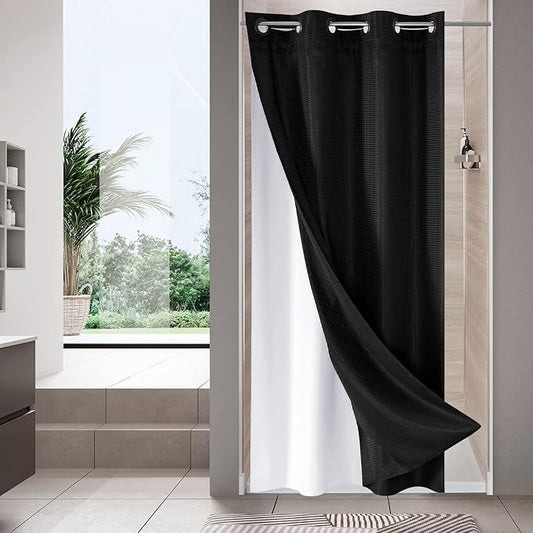 MitoVilla Black Waffle Small Stall Shower Curtain Liner Set 36 x 74, No Hooks Required Half Size Narrow Fabric Shower Curtain Set with Snap-in Liner for Modern Farmhouse Bathroom Decor