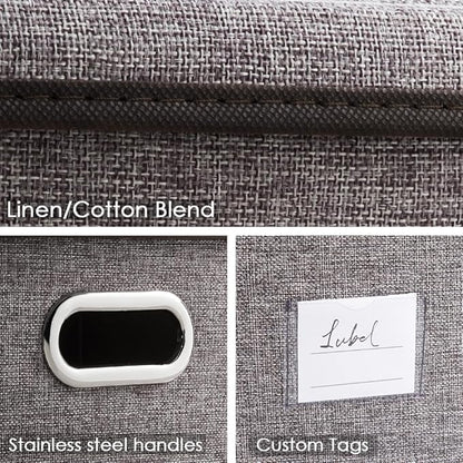 PRANDOM Large Foldable Storage Bin with Lid [1-Pack] Linen Fabric Decorative Storage Box Organizer Containers Basket Cube with Handles Divider for Bedroom Closet Office Living Room (17.7x11.8x11.8)