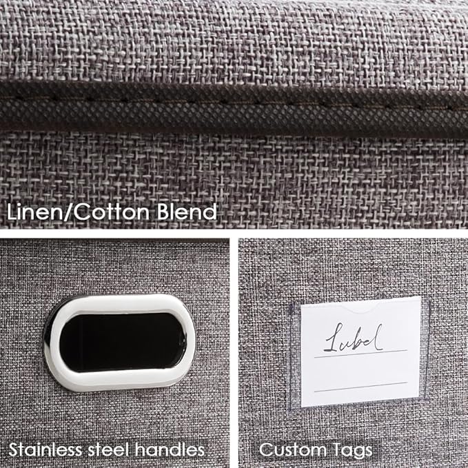 PRANDOM Storage Bins with Lids [3-Pack] Linen Fabric Foldable Storage Boxes Organizer Containers Baskets Cube with Cover Grey(23.4X15.9X11.4)