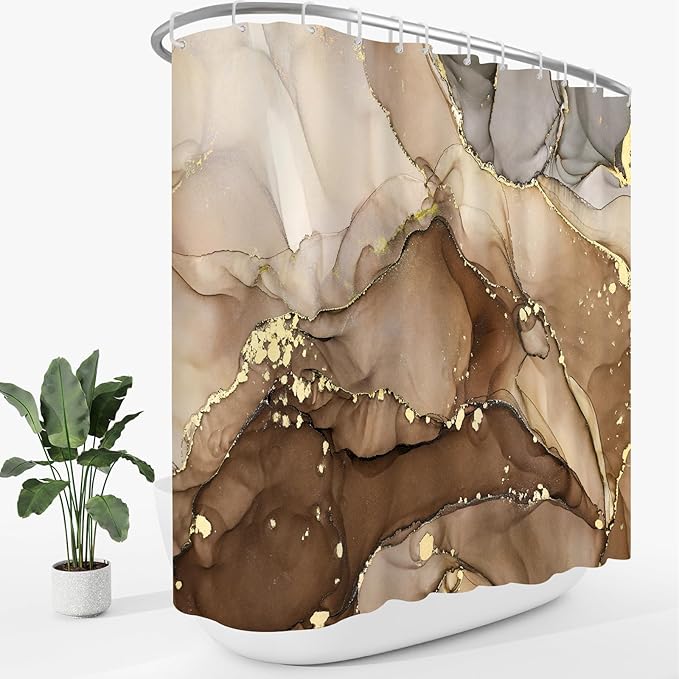 Extra Wide Marble Shower Curtain 108 x 72, Brown Abstract Shower Curtains for Claw Foot Tub, Modern Luxury 108 inch Long Shower Curtain Set with 18 Pack Plastic C-Hooks