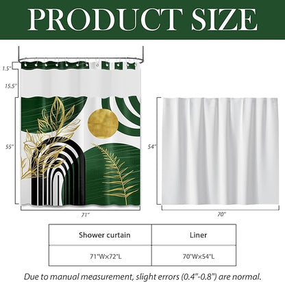 Olive Green Bohemian See Through Mesh Top Shower Curtain with Window, Emerald Green Mid Century Modern Double Layer Shower Curtains with Snap in Liner, Waterproof Fabric with Hooks, 71x 72 in