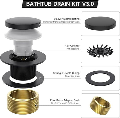 Matte Black Tub Drain Kit, Tip-Toe Bathtub Drains and Overflow Trim Set with 2-Hole Overflow Faceplate, Bathroom Bath Tub Drain Stopper Replacement Kit with Hair Catcher, Tub Faucet Set