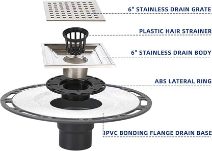 4-Inch Square Shower Drain with Bonding Flange - Durable Stainless Steel Shower Drain Flange Kit for Quick Drainage, Easy Installation, Ideal for Bathroom & Wet Area Renovations