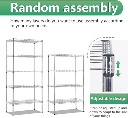 BestOffice | 5-Tier Wire Storage Shelves | 22x12x48 | Chrome | with Adjustable Racks | Heavy-Duty Metal Shelf, Holds Upto 750 lbs | No-Tool Assembly | Ideal for Home & Garage Shelving