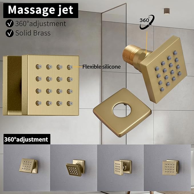 Bathroom shower system Ceiling 14x20 inch shower head, spray with handle, 6 PCS Body Jet and Handheld, temperature display shower faucet set (Brushed Gold)