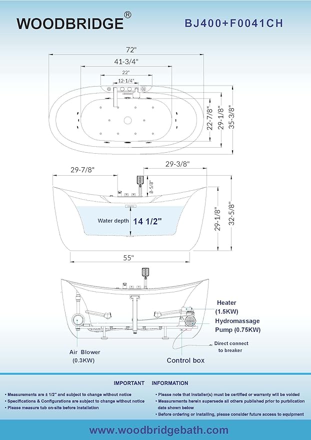WOODBRIDGE 72" x 35-3/8" Whirlpool Water Jetted and Air Bubble Freestanding Heated Soaking Combination Bathtub wirh LED control panel and Faucet, BJ400+F0041CH