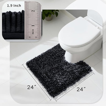 Yimobra Toilet Rugs U Shaped Washable, Extra Thick Soft Absorbent Chenille Contour Bathroom Rugs for Toilet 24x24 Inch, Quick Dry Non Slip Toilet Mat for Bath Floor, Black