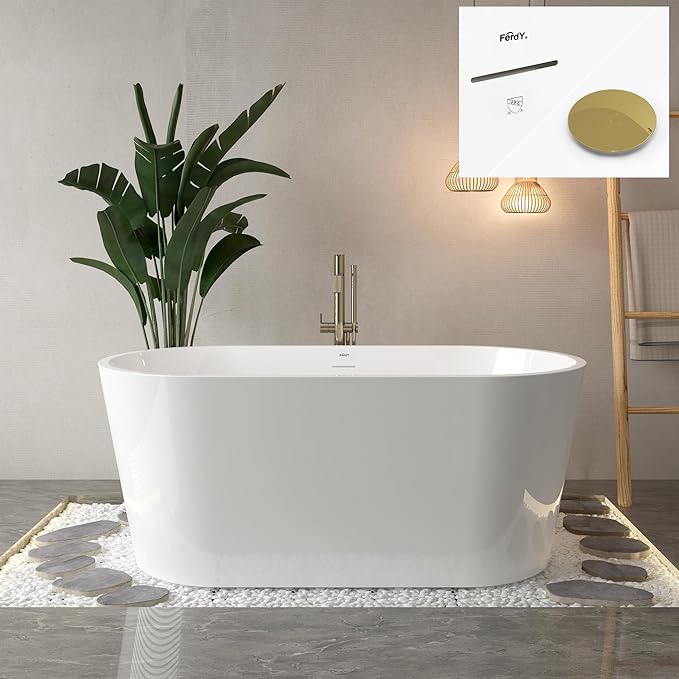 FerdY Shangri-La 55" Acrylic Freestanding Bathtub, Ergonomic Lightweight Classic Oval Soaking Bathtub with Polished Gold Drain, Minimalist Linear Design Overflow, Modern White