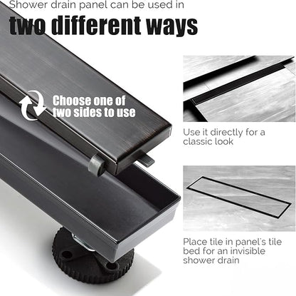 HEATGENE Linear Shower Drain 36-Inch, Stainless Steel Rectangle Shower Floor Drain with 2-in-1 Flat & Tile Insert Cover, Shower Drain with Hair Strainer, Venetian Bronze