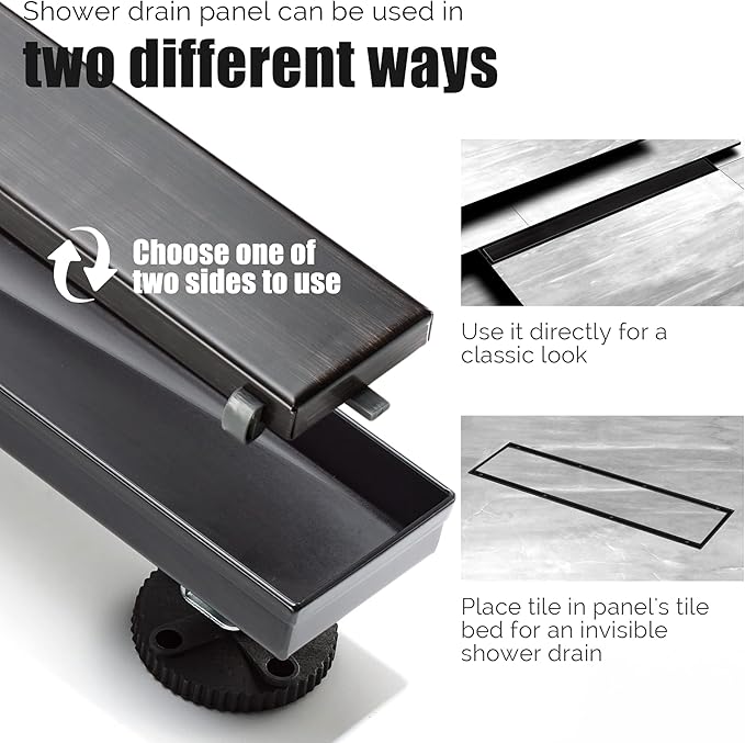 HEATGENE Linear Shower Drain 24-Inch, Stainless Steel Rectangle Shower Floor Drain with 2-in-1 Flat & Tile Insert Cover, Shower Drain with Hair Strainer, Venetian Bronze