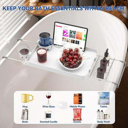 Bathtub Tray Caddy Expandable Bath Tray with Cup Holder Plastic Bathtub Caddy Shelf Stylish Bathroom Organizer for Candle Towel, Book, Wine, Phone, Shower
