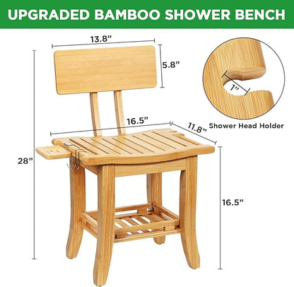 Ollieroo Two-Tier Bamboo Shower Chair for Inside Shower, Waterproof Baby Bath Seat with Storage Shelf, Soap Dish and Shower Head Holder, Shower Stool for Seniors Adults Disabled Pregnant(Natual)