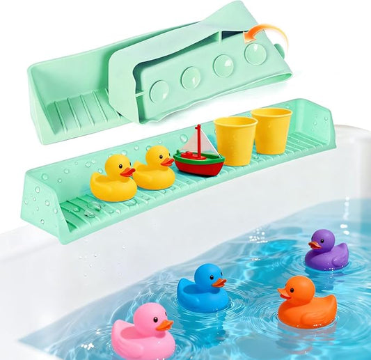 Splash Guard for Bathtub Kids, Longer Silicone Bathtub Splash Guard with 11 Suction Cups, Bath Tub Play Shelf for Kids & Toy Holder, Prevent Water Spill in Bathroom, Green