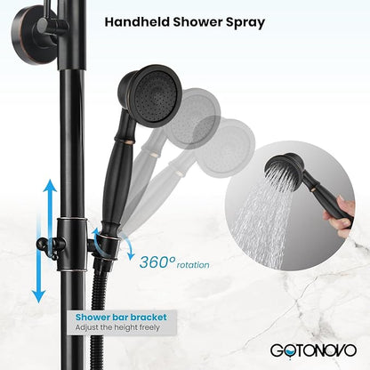 gotonovo Exposed Bathroom Shower System Classic Shower Kit 8 Inch Luxurious Rainfall Shower Head Handheld Spray Tub Filler Brass Pipe 3-Function Wall Mount Double Cross Knobs Oil Rubbed Bronze
