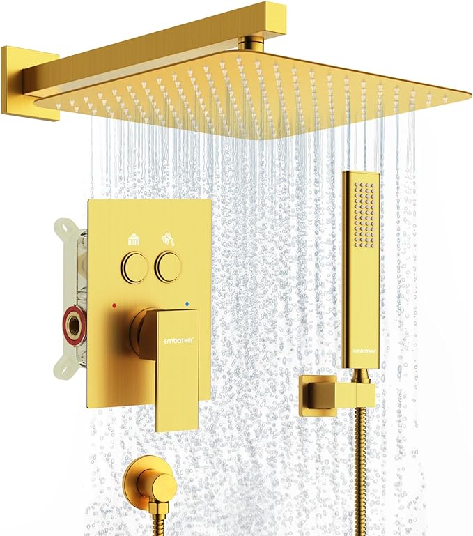 Shower System Shower Faucet Set with Push-Button Diverter and Wall Supply Elbow 12 Inch Shower Head Brushed Gold