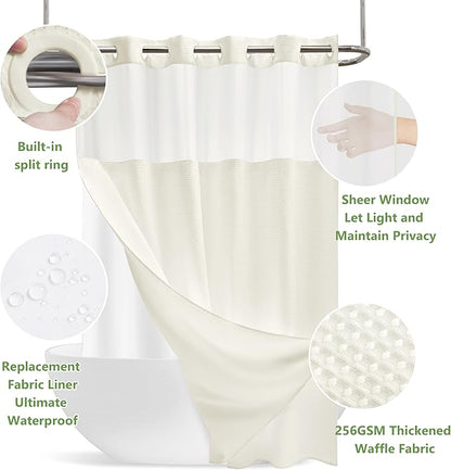 No Hook Waffle Weave Shower Curtain Set with Snap-in Fabric Liner and Mesh Top Window,256GSM Heavy Duty Fabric,Cream Washable Luxury Shower Curtain for Bathroom Stalls (72x75 Inch)