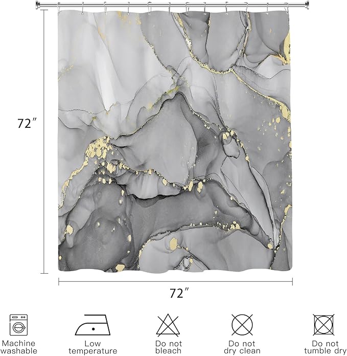 Grey Marble Shower Curtain, Modern Abstract Fabric Shower Curtains for Bathroom, Luxury Art Ink Texture Watercolor Shower Curtain Set with Hooks 72x72