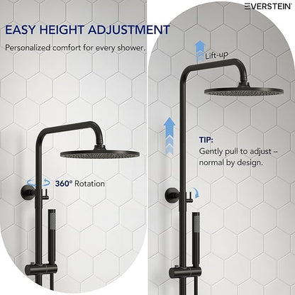 Exposed Shower System with Tub Spout, EVERSTEIN 10 inch High Pressure Shower Faucet Set, 3-Function Wall Mount Rain Showerhead with Handheld Sprayer, Outdoor Bathroom Fixtures, Matte Black