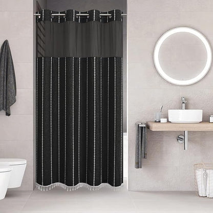 No Hook Stall Shower Curtain with Snap-in Fabric Liner - 54x80 Heavy-Duty Linen Textured Striped Design,Narrow Rustic Modern Farmhouse Bohemian Bathroom Curtain,Water-Repellent,Black