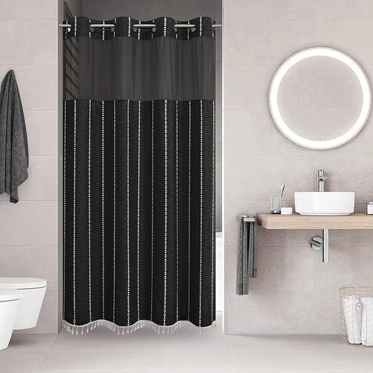 No Hook Stall Shower Curtain with Snap-in Fabric Liner - 54x80 Heavy-Duty Linen Textured Striped Design,Narrow Rustic Modern Farmhouse Bohemian Bathroom Curtain,Water-Repellent,Black