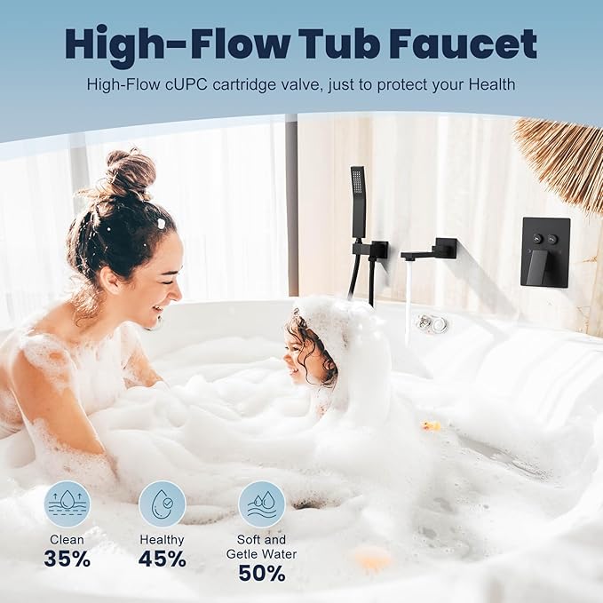 Wall Mount Bathtub Faucet Set Included 180°Swivel bathroom Tub Filler faucets and handheld Shower，high Flow Tub Spout with Solid Brass Push-button Diverter Pressure Balance Valve,Matte Black