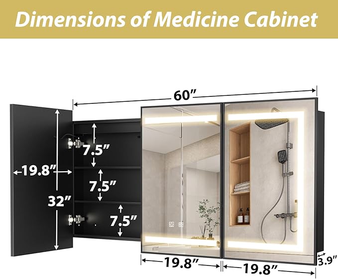 APRILSOUL 60X32 Inch Black Bathroom Medicine Cabinet with Mirror, Recessed or Surface Lighted Medicine Cabinet with 3 Colors Temperature, Dimmable Light