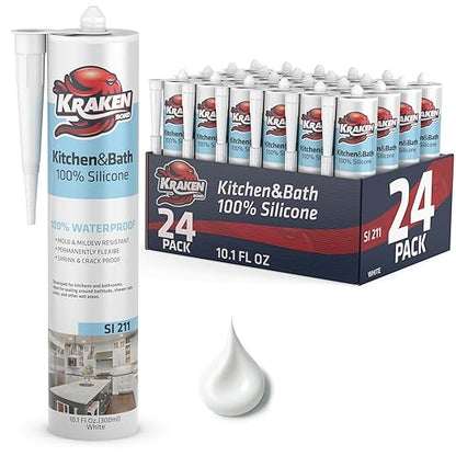 Kraken Bond Premium Kitchen and Bathroom Silicone Caulk White - (24x10.1 fl.oz) RTV White Caulking Silicone Waterproof for Kitchen, Bathroom, Shower, Sink, Anti Shrink 100% Silicone Caulking | 24 Pack