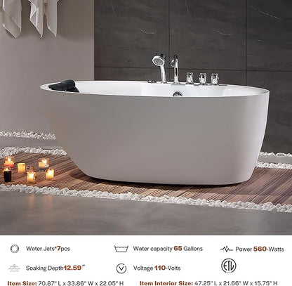 Empava 71 inch Acrylic Freestanding Tub Hydromassage Gracefully Oval Shaped Whirlpool 7 Water Jets Soaking SPA, Double-Ended Massage Bathtub with Black Pillow, Boat Shape,ETL Certified