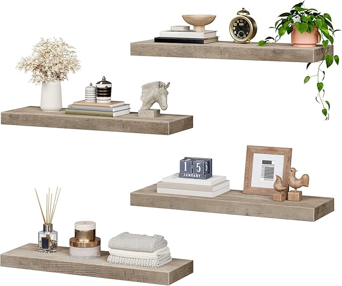 Floating Shelves for Wall, 1.5" Thick Wall Shelf Set of 4 with Invisible Brackets, 23.6L x 7.9W Hanging Shelves Farmhouse Home Decor for Bathroom, Living Room, Bedroom, Greige 6301BJP4BG