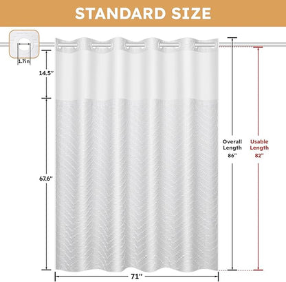 No Hook Shower Curtain and Snap in Liner Set White Tufted Chevron Striped Cloth Waterproof Washable Fabric Boho Farmhouse Bath Curtain See Through Mesh Top Window for Bathroom Hotel 71" x 86"