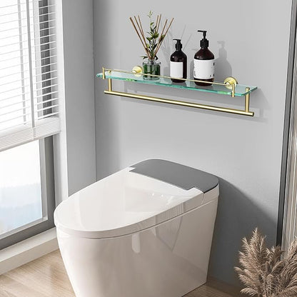 24-Inch Towel Rack with Shelf -Tempered Glass Bathroom Shelf with Towel Bar - Brushed Gold Modern Stainless Steel, Wall Mount Rustproof Tower Holder