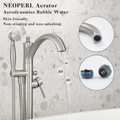 Freestanding Tub Faucets, Classic Freestanding Bathtub Faucet with Retro Handheld Sprayer High Flow Max 7.04GPM Floor Mount Tub Filler Swivel Spout Bath Tub faucet Brushed Nickel (WT-9002BN)