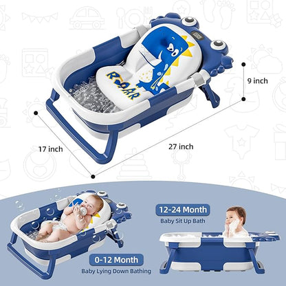 Collapsible Baby Bathtub for Newborns to Toddler with Real-time Temp Monitor & Floating Cushion,Portable Travel Tub for 0-36 Month, Foldable Baby Bath Tub for Infants Boy (Blue)