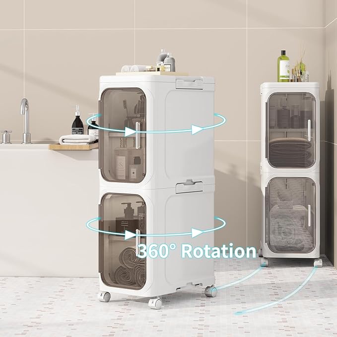 KHNR 2-Tiers Slim Bathroom Storage Cabinet, Foldable Storage Cabinets,Narrow Bathroom Storage,Movable Bathroom Storage Organizer for Small Spaces,Bathroom,Kitchen,Laundry,White