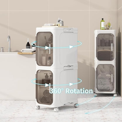 KHNR 2-Tiers Slim Bathroom Storage Cabinet, Foldable Storage Cabinets,Narrow Bathroom Storage,Movable Bathroom Storage Organizer for Small Spaces,Bathroom,Kitchen,Laundry,White