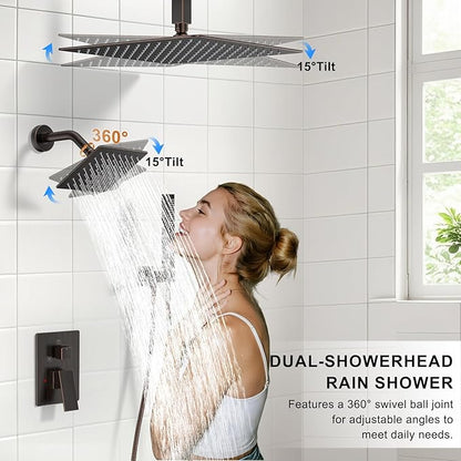 Shower Faucet Set, Ceiling Mount Shower System 12"+6" Dual Shower Head Set with 2 in 1 Handheld Spray Rain Shower Heads with Rough-in Valve and Shower Trim Kit, Oil Rubbed Bronze