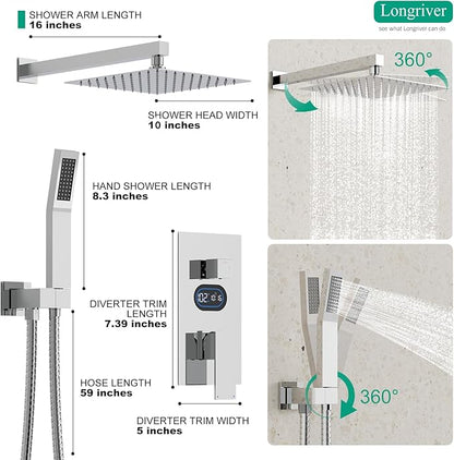 Shower Faucet Set with Hydro Power Temperature Display, Shower System Bathroom 10 Inches Shower Head with Handheld Spray, Wall Mounted Shower Fixtures with Shower Valve and Trim Kit, Polished Chrome