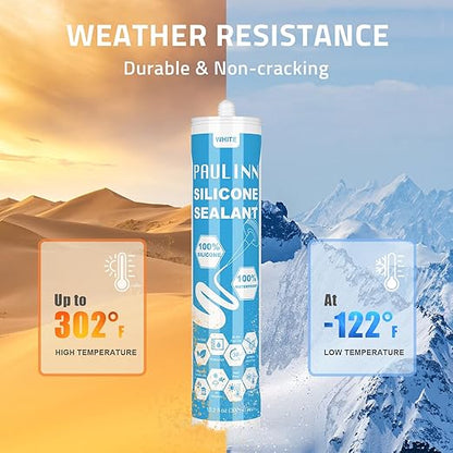 PAULINN Silicone Caulk White, 100% Silicone Sealant Waterproof for RV, Kitchen, Bath, General Use, Window, Door, Glass, Marine, 10.2 Oz, 4 Packs