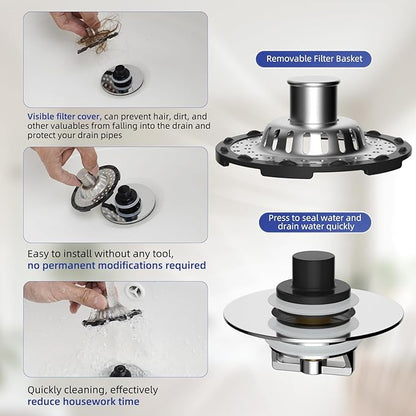Metal 2 Pack Bathtub Drain Stopper with Top Hair Catcher, Innovative 3 in 1 Pop-up Bathtub Strainer, Tub Stopper with Detachable Stainless Steel Filter Basket for Standard 1.5 to 2.4'' Drain, Chrome