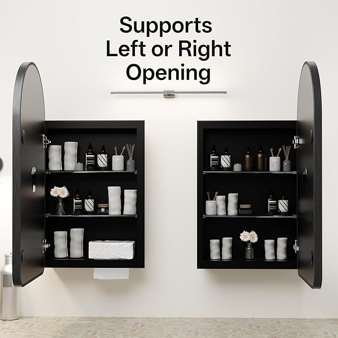 Arched Bathroom Medicine Cabinet with Mirror, No Assembly Needed, Recessed or Surface Mount Wall Storage Cabinet, Mirror Cabinet with Tissue Slot & 2X Magnifying Mirror (Black, 31.5"L x 19.7")