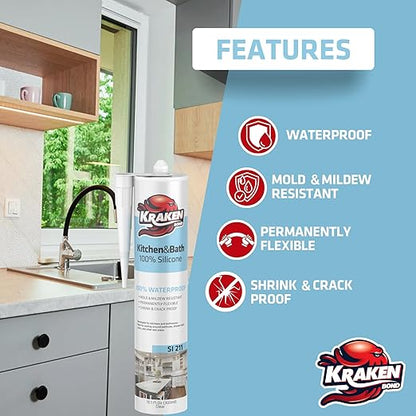 Kraken Bond Premium Kitchen and Bathroom Silicone Caulk Clear - (12x10.1 fl.oz) RTV Clear Silicone Sealant Waterproof for Kitchen, Bathroom, Shower, Sink, Anti Shrink 100% Silicone Caulking | 12 Pack