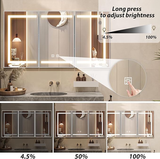 APRILSOUL 48X32 Inch Silver Bathroom Medicine Cabinet with Mirror, Recessed or Surface Lighted Medicine Cabinet with 3 Colors Temperature, Dimmable Light