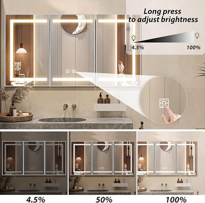 APRILSOUL 48X32 Inch Silver Bathroom Medicine Cabinet with Mirror, Recessed or Surface Lighted Medicine Cabinet with 3 Colors Temperature, Dimmable Light