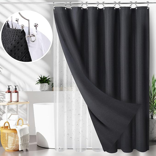 LaCyan 3 in 1 Waterproof Waffle Weave Shower Curtain and Clear Liner Set with 12 Stainless Steel Hooks Double Sided for Bathroom 72 Inches Heavy Duty Polyester Fabric Shower Curtains 72x84
