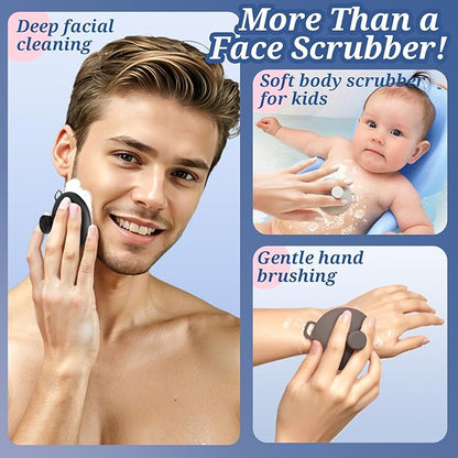 Silicone Face & Back Scrubber Set, Manual Face & Body Scrubber Exfoliator with Soft Bristles and Non-Slip Handle, Back Brush Bath Brush with 2 Detachable Brush Heads(3PCS Black Set)