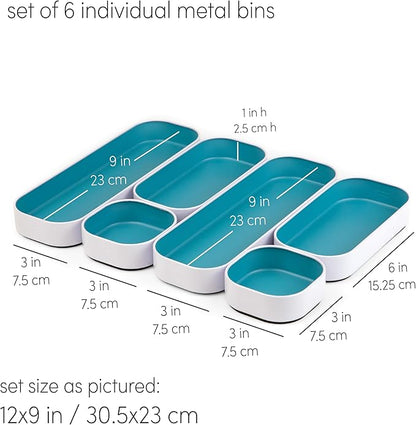 Three by Three Seattle 6 Piece Metal Stacking Bins + Drawer Organizers Set: Elevate Your Desk Organization with Playful Stackable Metal Organizers: Fun, Functional, and Stylish (Sky Blue)