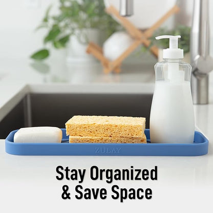 Zulay Kitchen Large Silicone Sponge Holder (12x4) – Flexible Sink Organizer Tray for Kitchen & Bathroom – Multipurpose Soap Dish for Sponges, Makeup, Trinkets & More (Provence Blue)