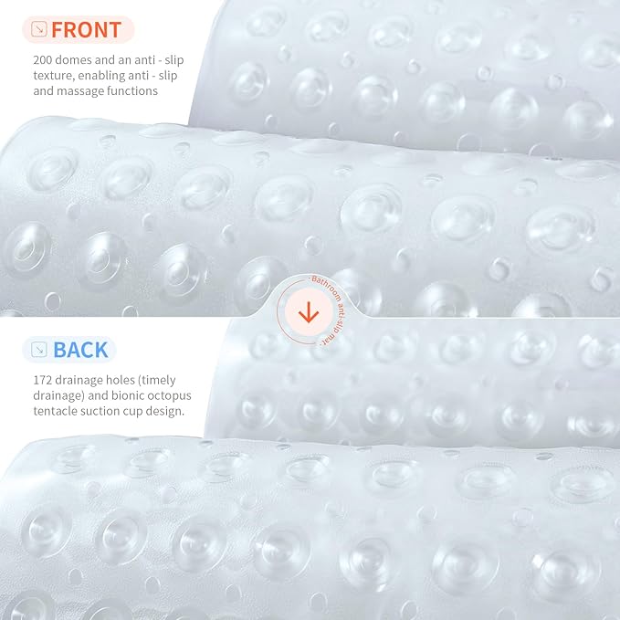 Anti-Slip Bathtub Shower mat, 39.3×15.7 inch（Approximately 100 × 40cm） Soft Oversized Machine Washable Non-Slip Bathtub mat with Drainage Holes, Bathroom Floor Suction Cup.（1-Clear White）
